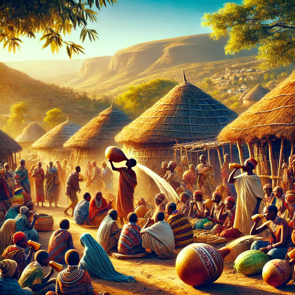 エチオピアの村で伝統的な家屋や文化を表現したシーン