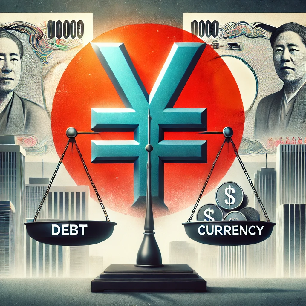 日本の経済政策と財政バランスのテーマを象徴し、円（¥）のシンボルを中心に、負債と貨幣の関係を示すデザイン