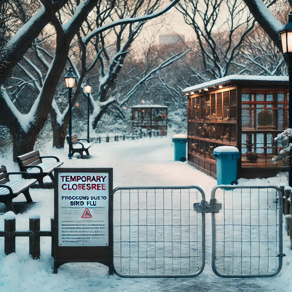 冬の公園内で、一部エリアが鳥インフルエンザ対策のため閉鎖されている様子イメージ