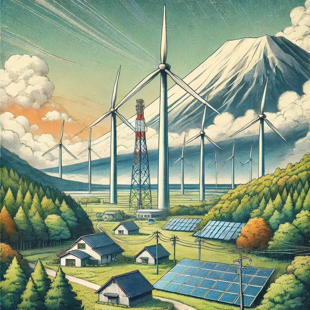 北海道の自然環境と再生可能エネルギー施設の象徴的な対比