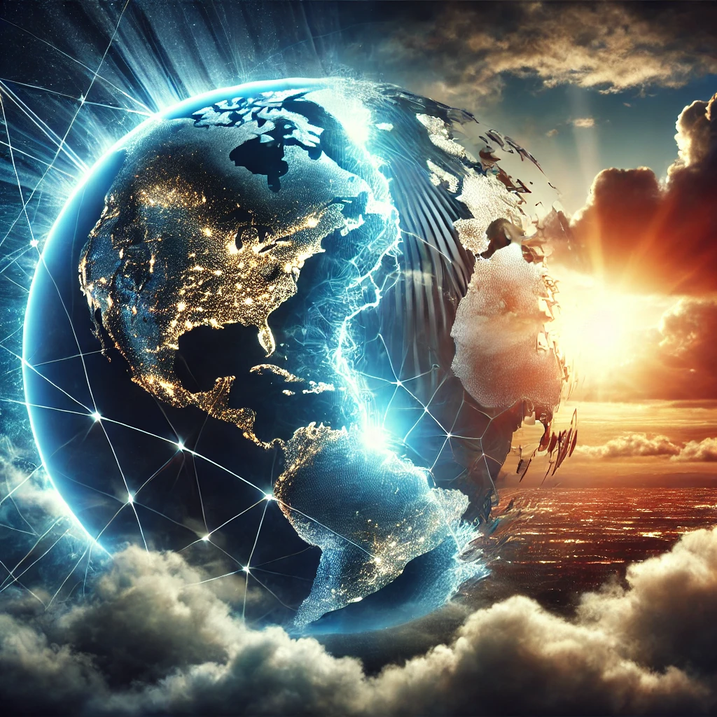 分断とつながりを象徴する地球が描かれ、グローバリゼーションの終焉を象徴する内容