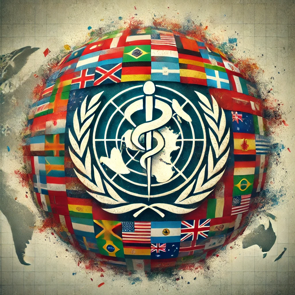 WHOの象徴的な要素と国際的な緊張を表現