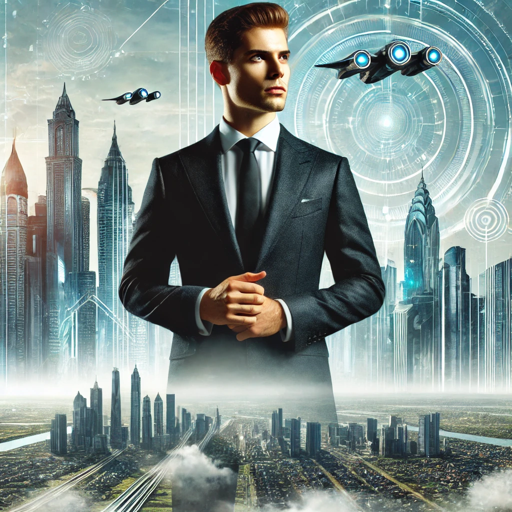 未来を見据えるビジネスマンと最先端の都市風景が、イーロン・マスクの革新と成功の精神を象徴