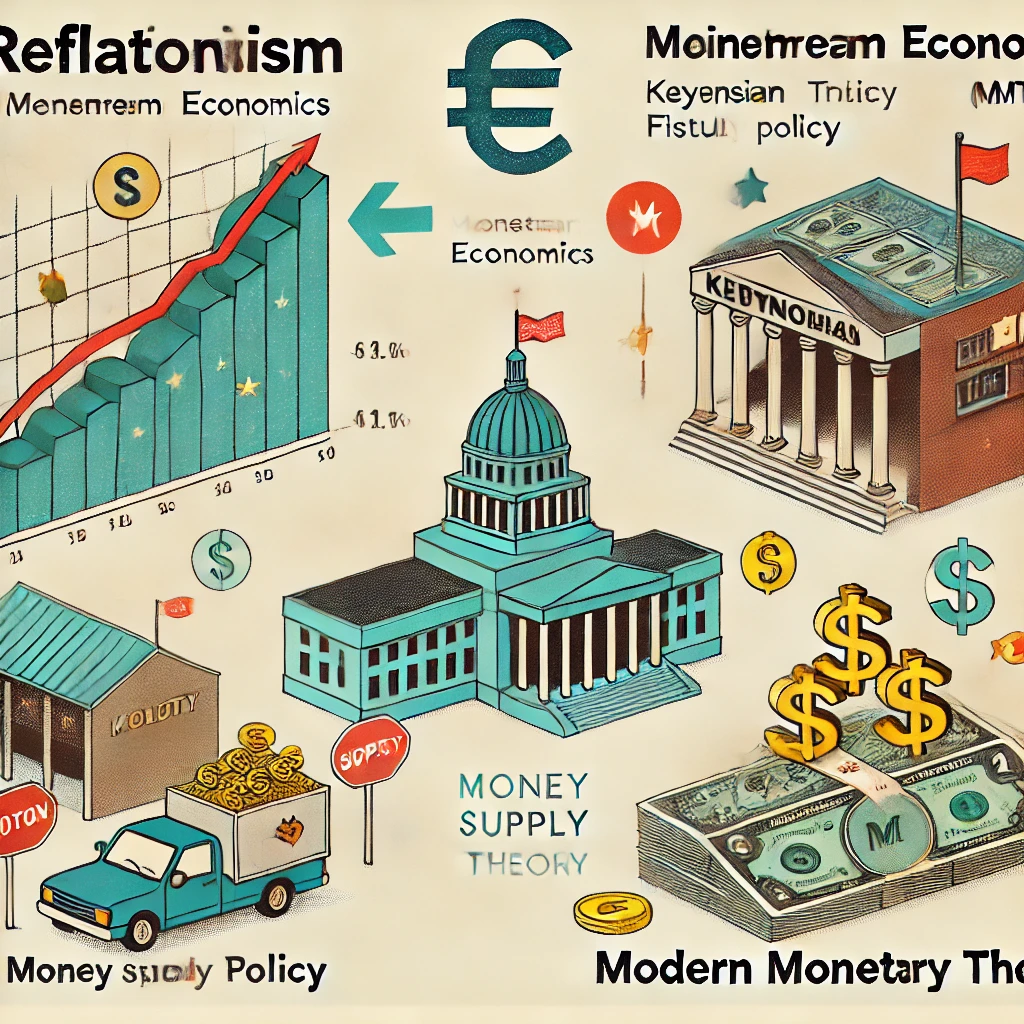 リフレ派、主流派経済学、ケインズ経済学、MMTの比較を視覚的に表現