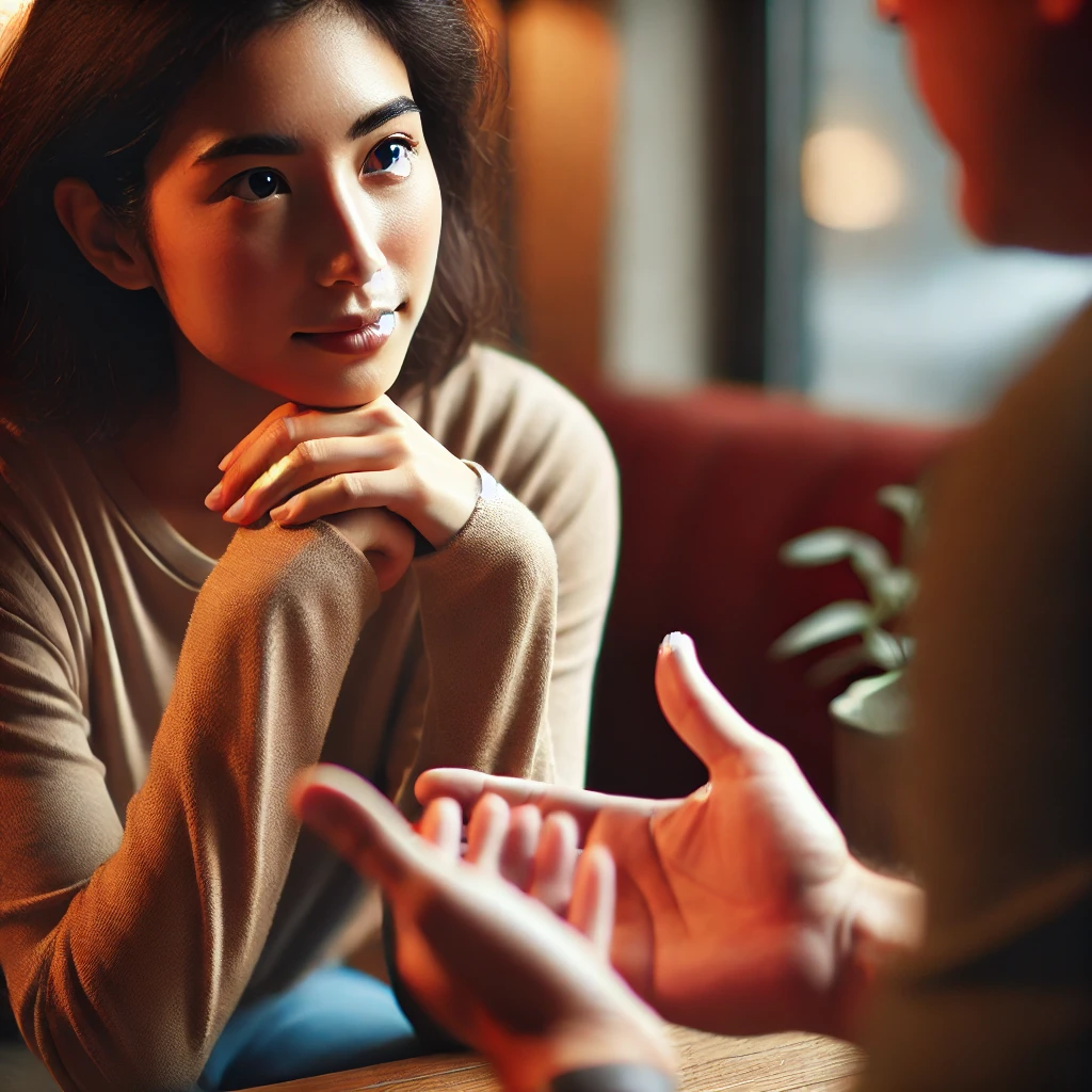 相手の話をしっかり聞き、アイコンタクトを取りながら真剣に耳を傾けるシーン