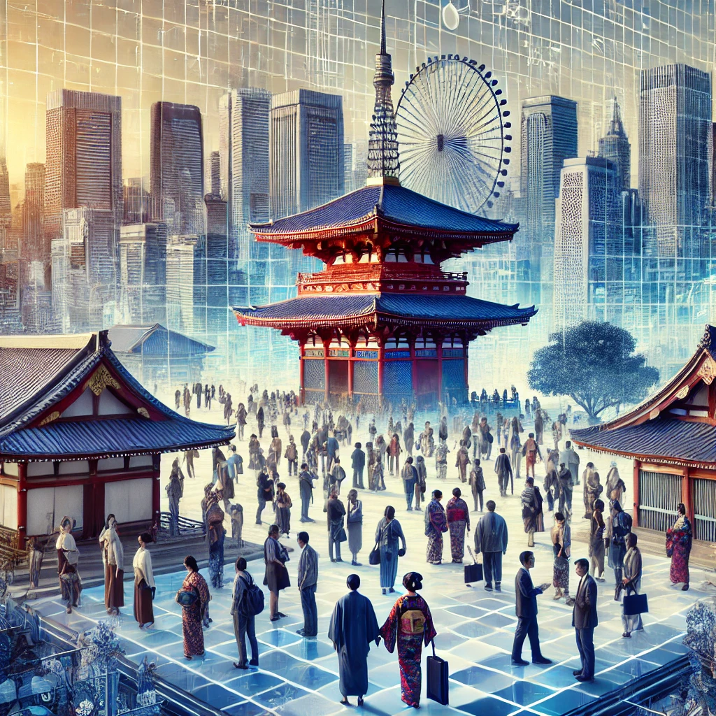 伝統的な日本の街並みと近代的な都市風景が融合