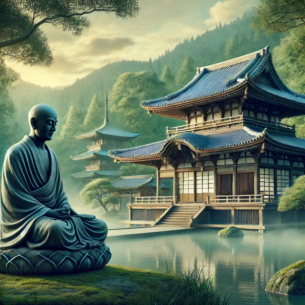 静寂に包まれた日本の寺院と、瞑想する空海（弘法大師）をイメージした人物が描かれ、心の平穏や悟りを象徴