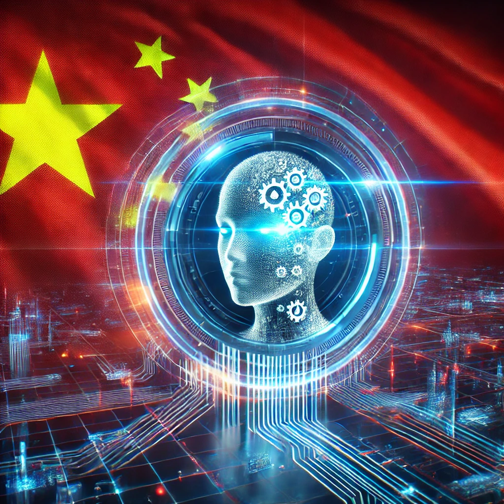 中国のAI技術の台頭を象徴する未来的なインターフェースとデジタル要素を取り入れたデザイン