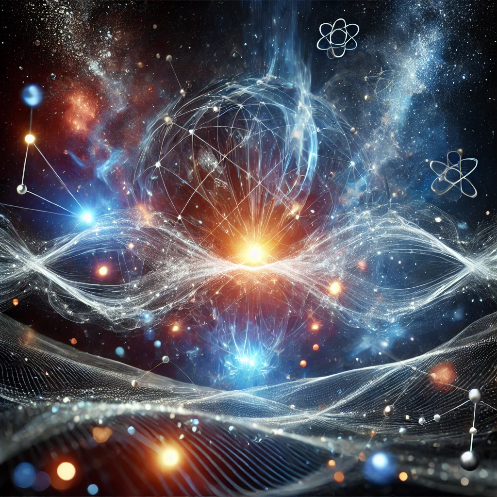 量子力学の神秘を表現する光る粒子や、波動と粒子の二重性、宇宙の背景が、科学的かつ幻想的な雰囲気を演出しています