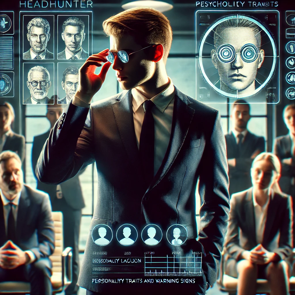 プロのヘッドハンターがハイテクなオフィスで候補者を分析しているシーン