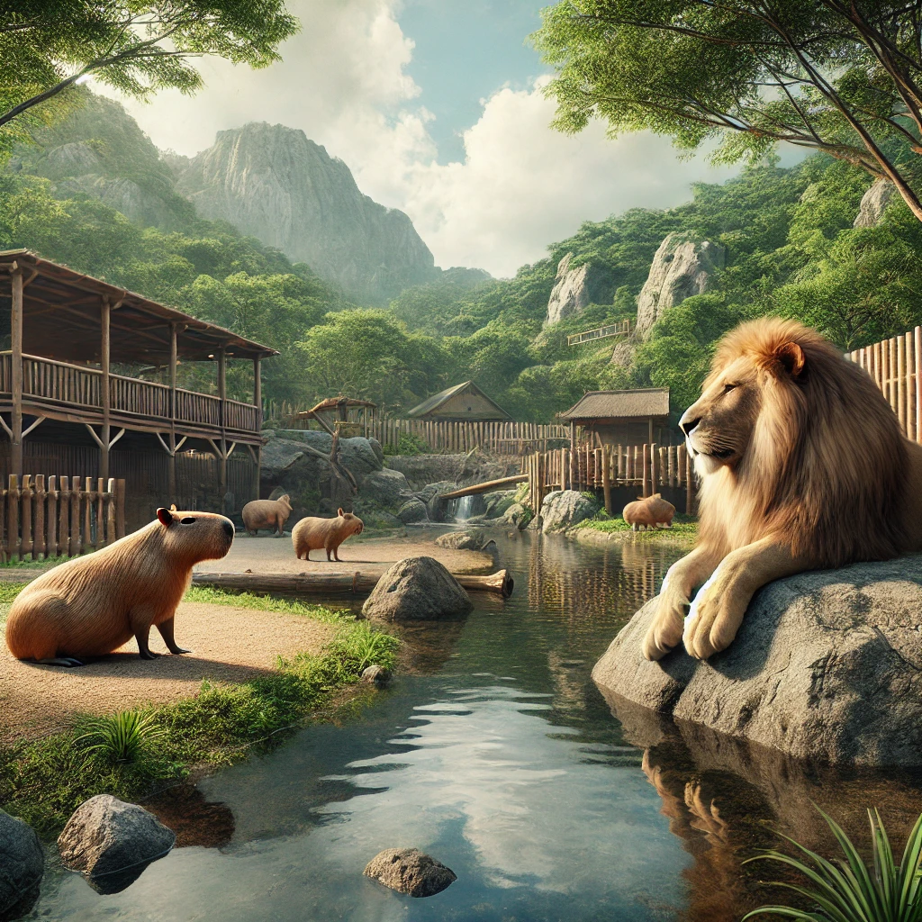 ノースサファリサッポロの動物たち（ライオンとカピバラ）のイメージ画像