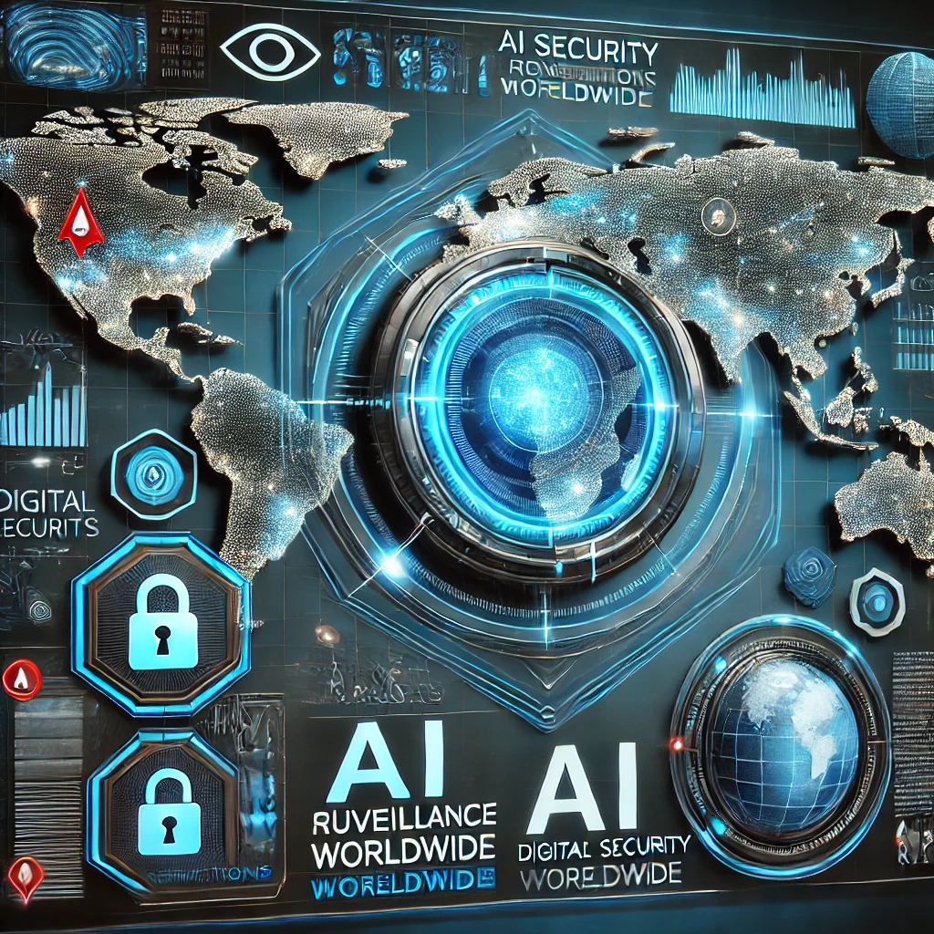 AIの監視システムが世界地図をモニタリングし、デジタル規制やプライバシー問題を象徴するハイテクなデザイン