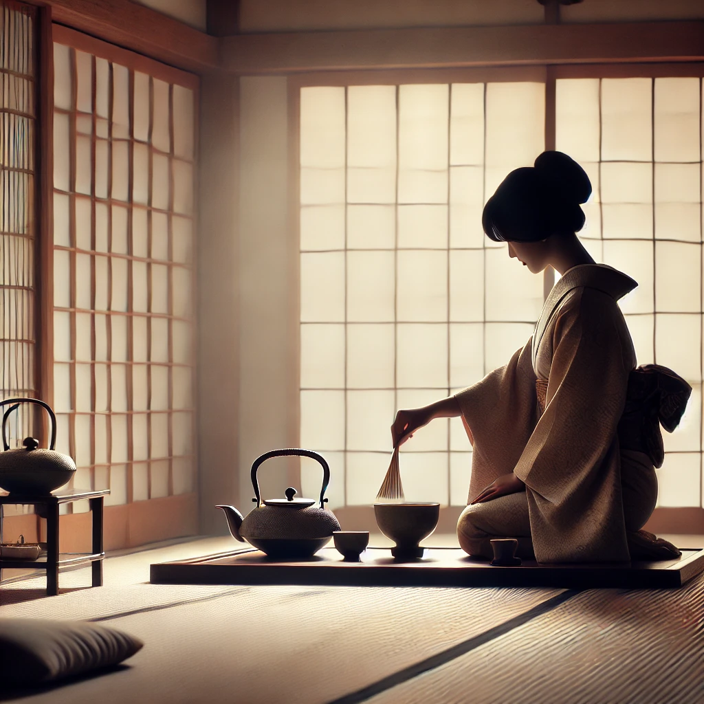 日本の茶道の静寂な雰囲気や「侘び寂び」の美しさを表現しています