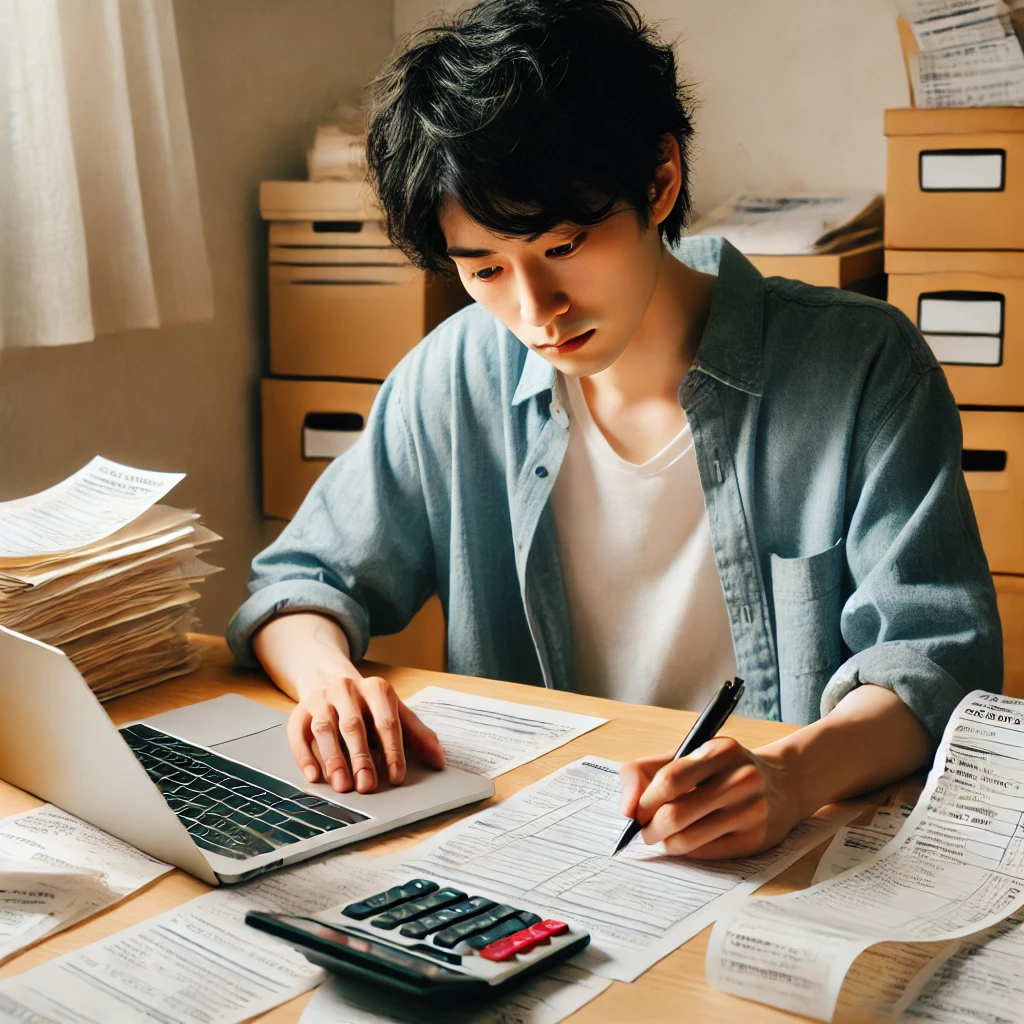 フリーランスが確定申告の書類を整理しているシーン