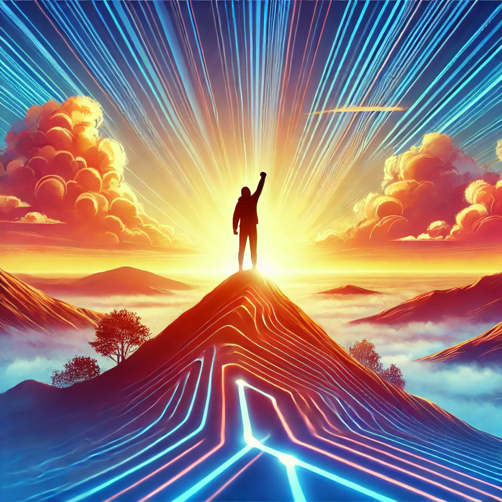 山頂で朝日を浴びながら勝利のポーズをとる人物が、人生の変革とポジティブなマインドセットの象徴