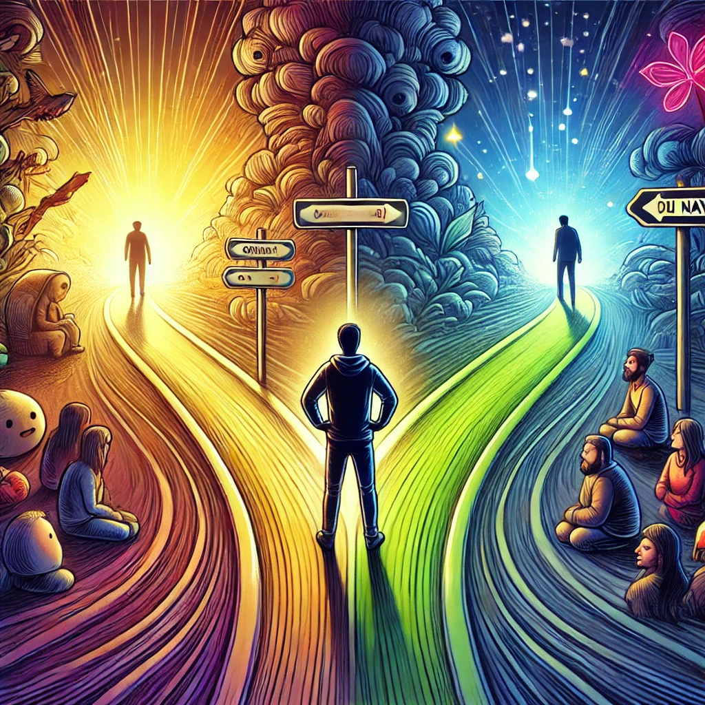 人生の分かれ道に立つ人物が、ポジティブな友人がいる明るい道と、ネガティブな影響を与える人がいる暗い道のどちらを選ぶかを象徴