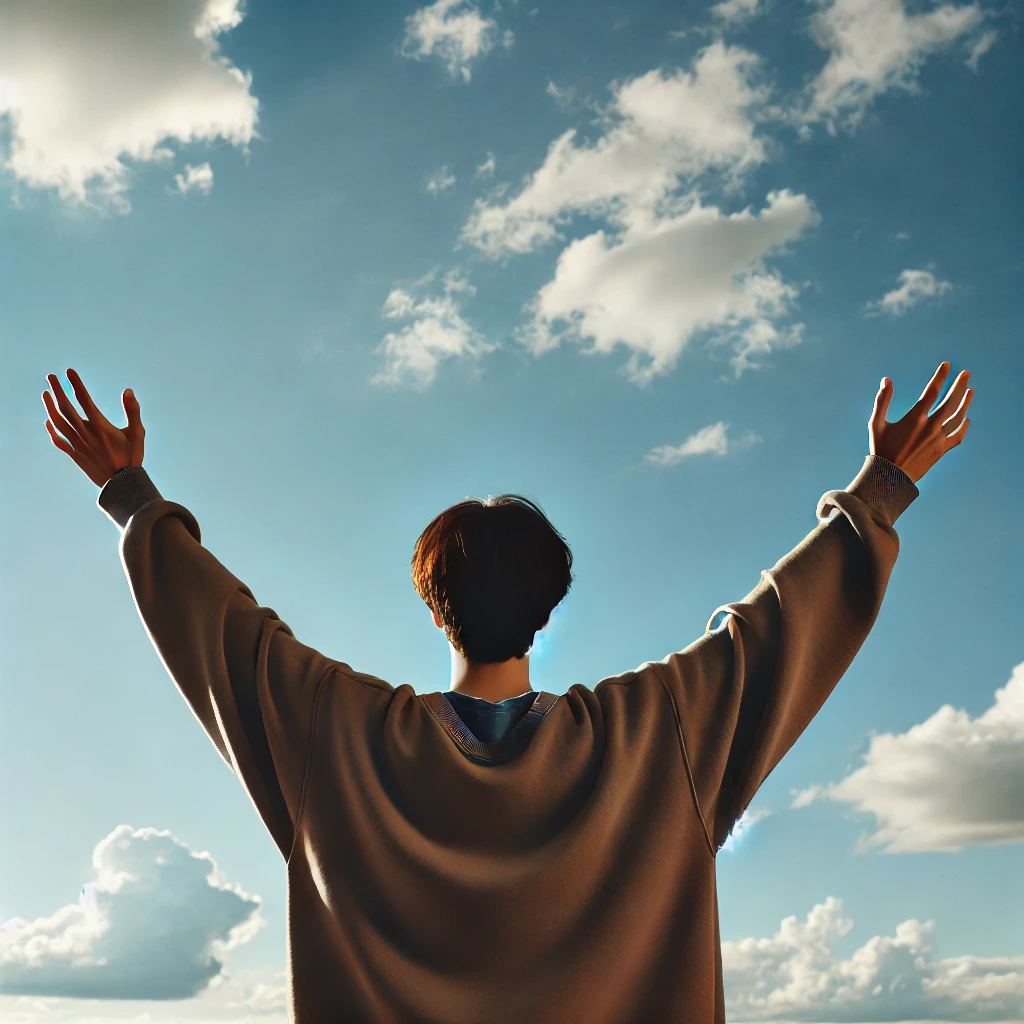 「青空の下で腕を広げる人」のイメージ 自由や開放感を表現