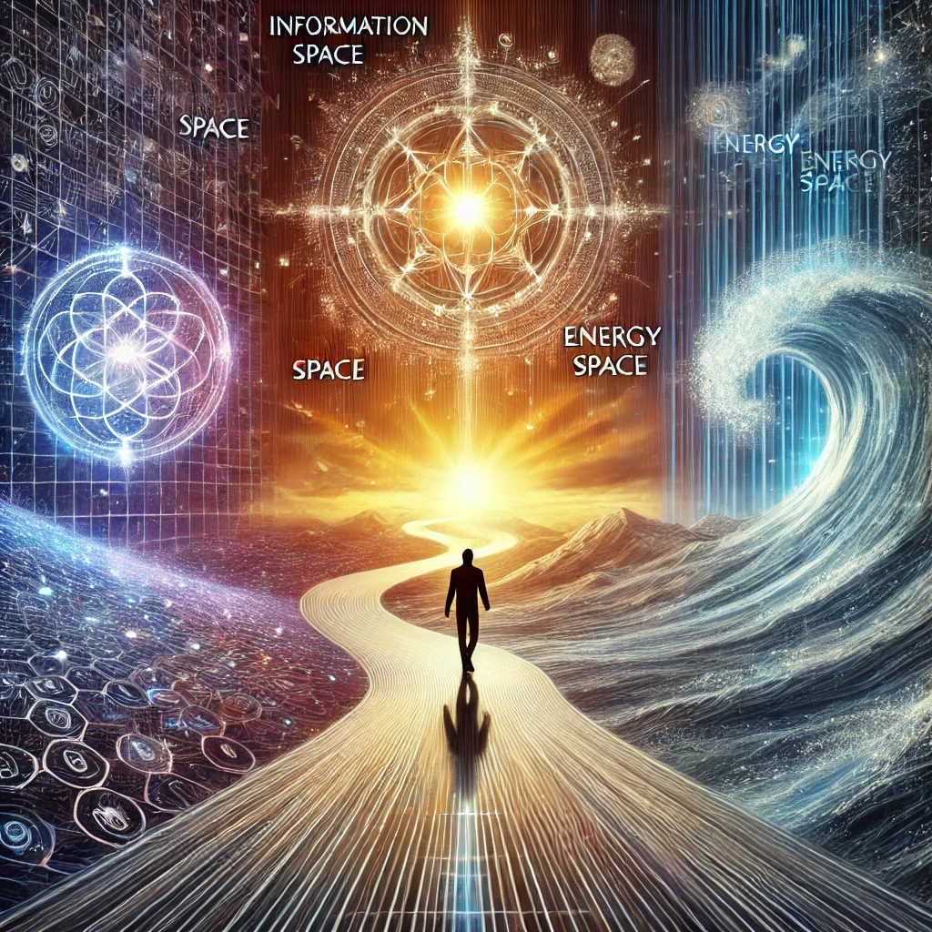 トランサーフィンの概念を表現したイラストです。情報空間・エネルギー空間・物理空間の3つが繋がり、バランスと調和を象徴するデザイン