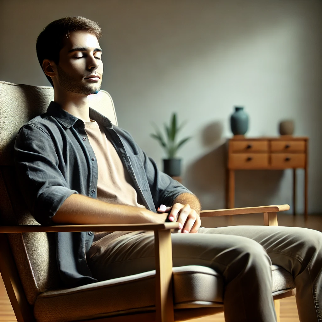 目を閉じてリラックスする人（NSDRの休息イメージ）