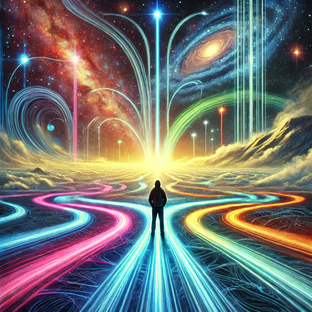人生の選択を象徴する幻想的な光の道が広がる宇宙的な風景の中、立ち尽くす人物