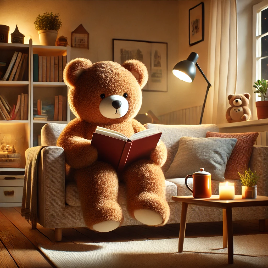 リラックスした熊が本を読んでいる、温かみのあるリビングの雰囲気