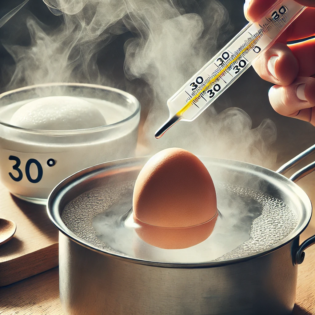 科学的な実験のように、熱湯と30度の水を使ってゆで卵を調理している様子を表現