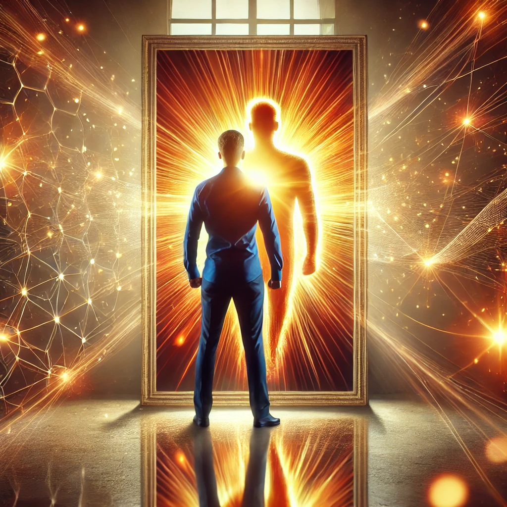 鏡の前でポジティブな言葉を自分に語りかけ、自己変革を象徴するエネルギーが溢れるシーン