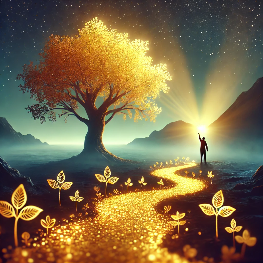 幻想的な風景の中に、輝く道が黄金の木へと続き、運やチャンスを象徴