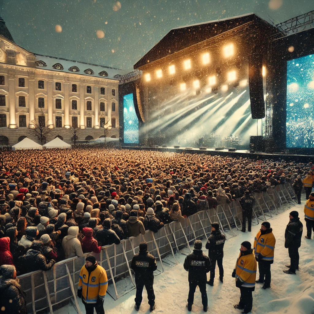 雪の降る都市で、大勢の観客が集まった屋外フェスティバルの様子を表現