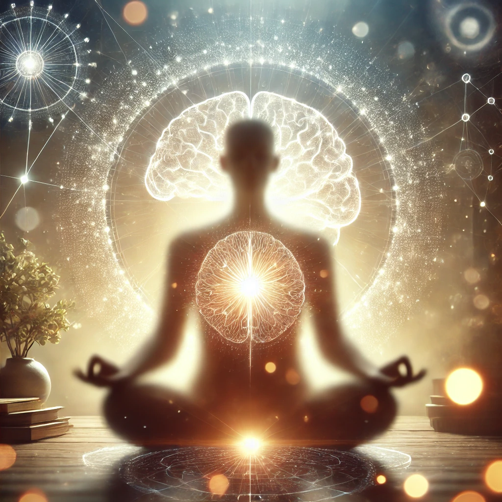 潜在意識のコントロールを象徴する、落ち着いた環境で瞑想する人物