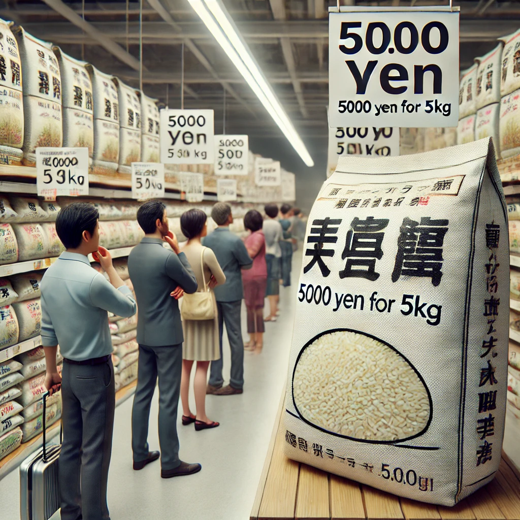 日本のスーパーマーケットで米の価格が高騰している様子