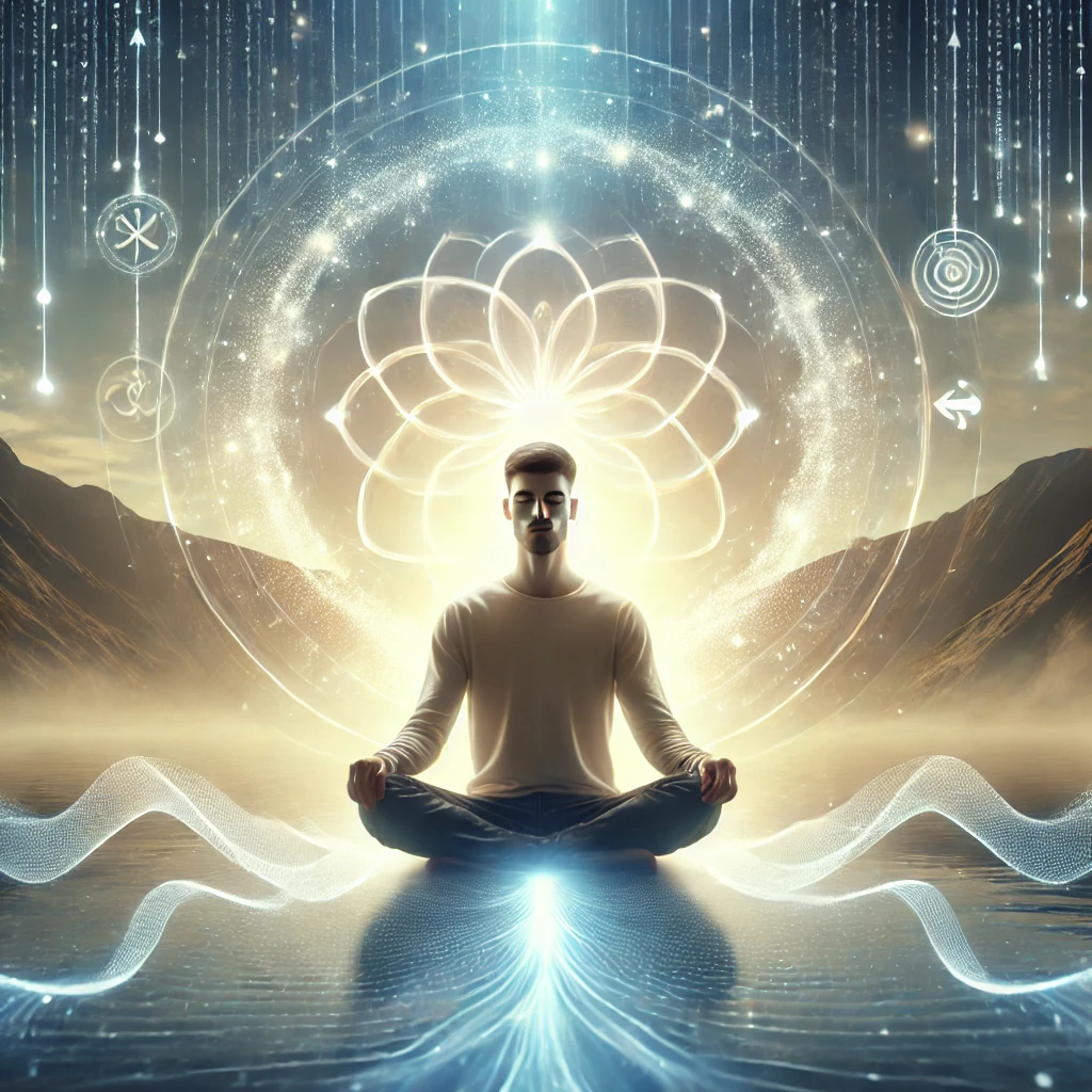 瞑想を通じて潜在意識を再プログラムし、内面の変化を象徴するようなエネルギーフィールドが表現