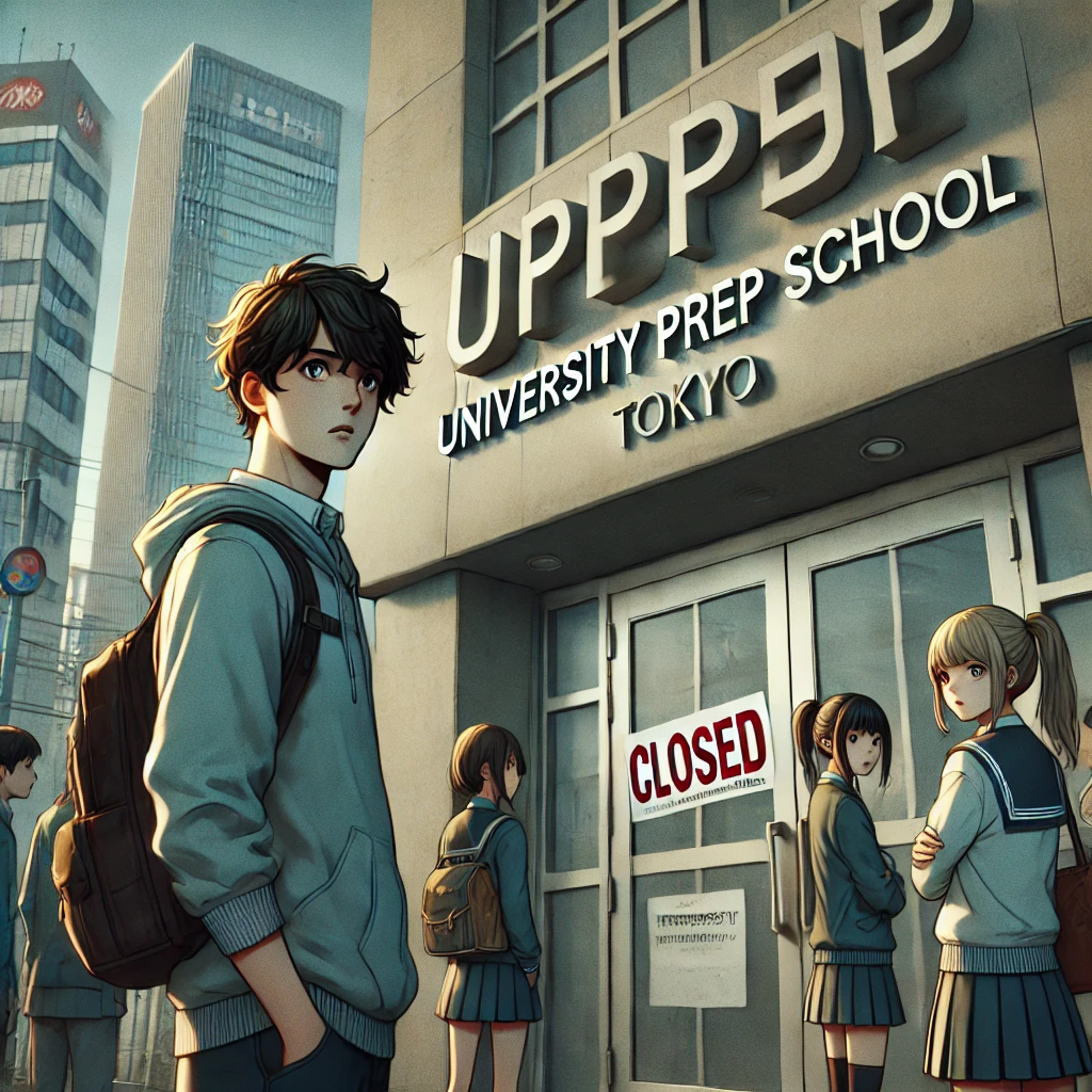 大学受験予備校の突然の破産により、閉鎖された校舎の前で困惑する学生たちの様子