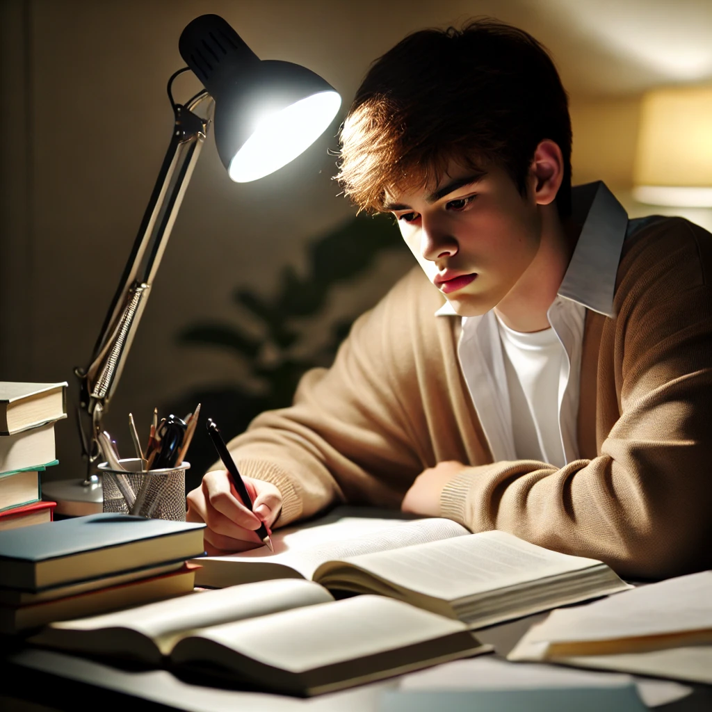 受験勉強をしている高校生が必死に勉強している様子