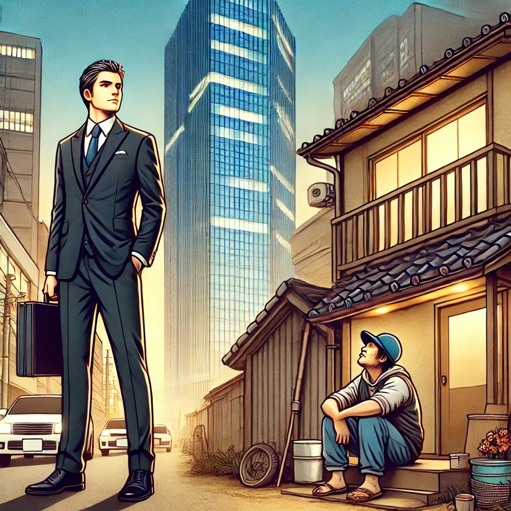 裕福なビジネスマンと苦労する労働者が対比され、経済格差の拡大を象徴