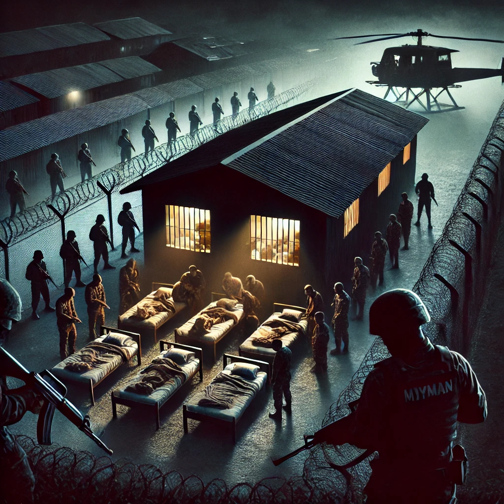 ミャンマーとタイの国境地帯にある犯罪組織の拠点を象徴し、監禁されている人々の状況を視覚的に表現