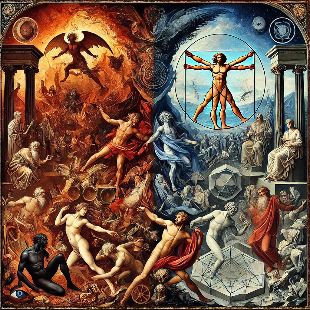 ニーチェの哲学における「ディオニュソス的」と「アポロン的」の二元性を象徴するアートイメージです。左側がカオスと陶酔のディオニュソス的要素、右側が秩序と理性のアポロン的要素