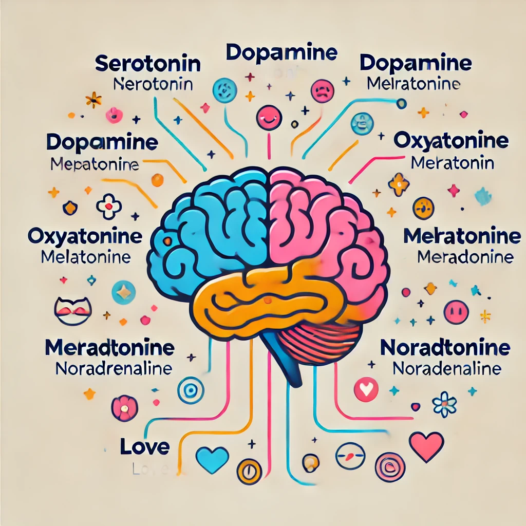 脳のイラストにセロトニン・ドーパミン・オキシトシンなどの名前が書かれたデザイン