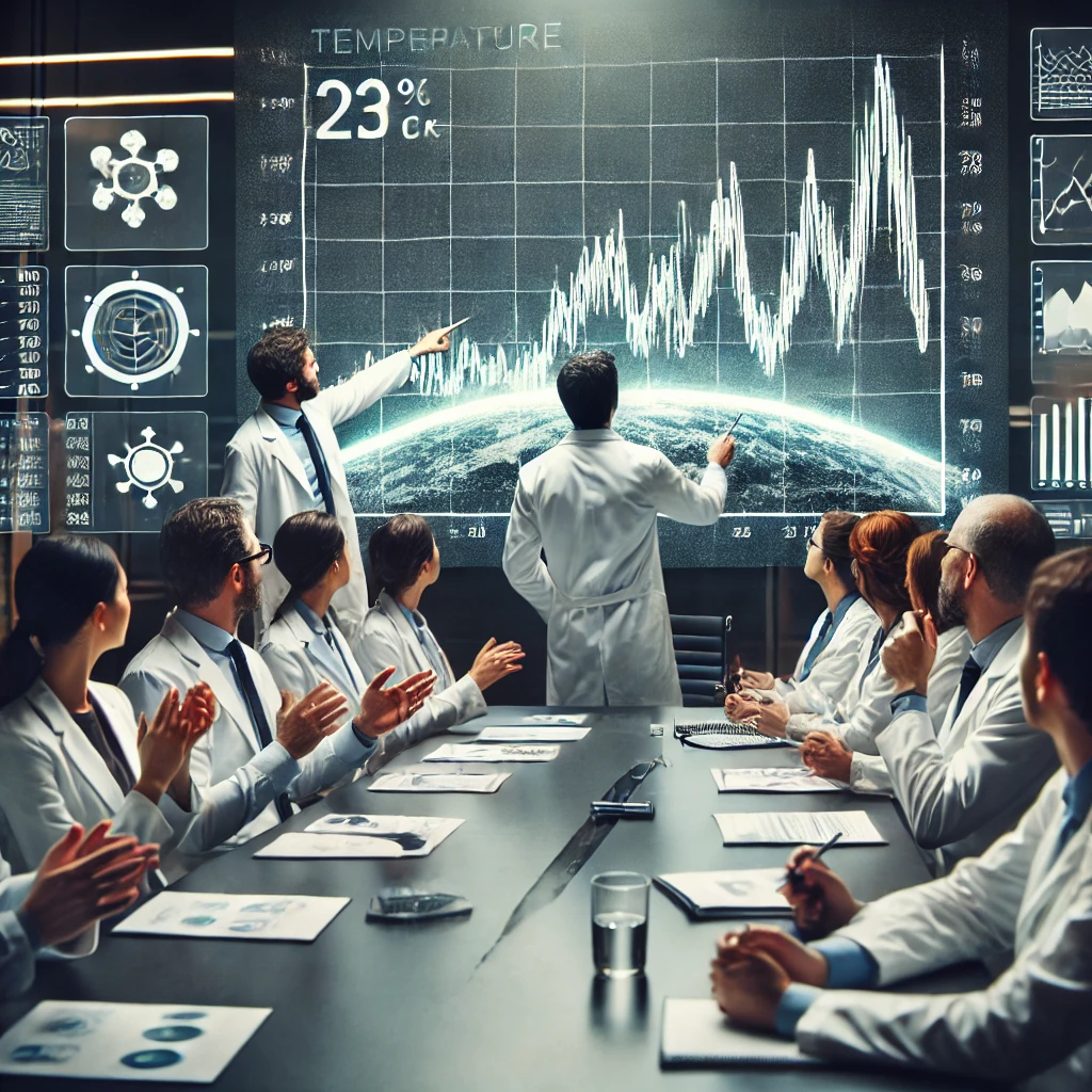 温暖化のグラフを指差しながら議論する科学者たち