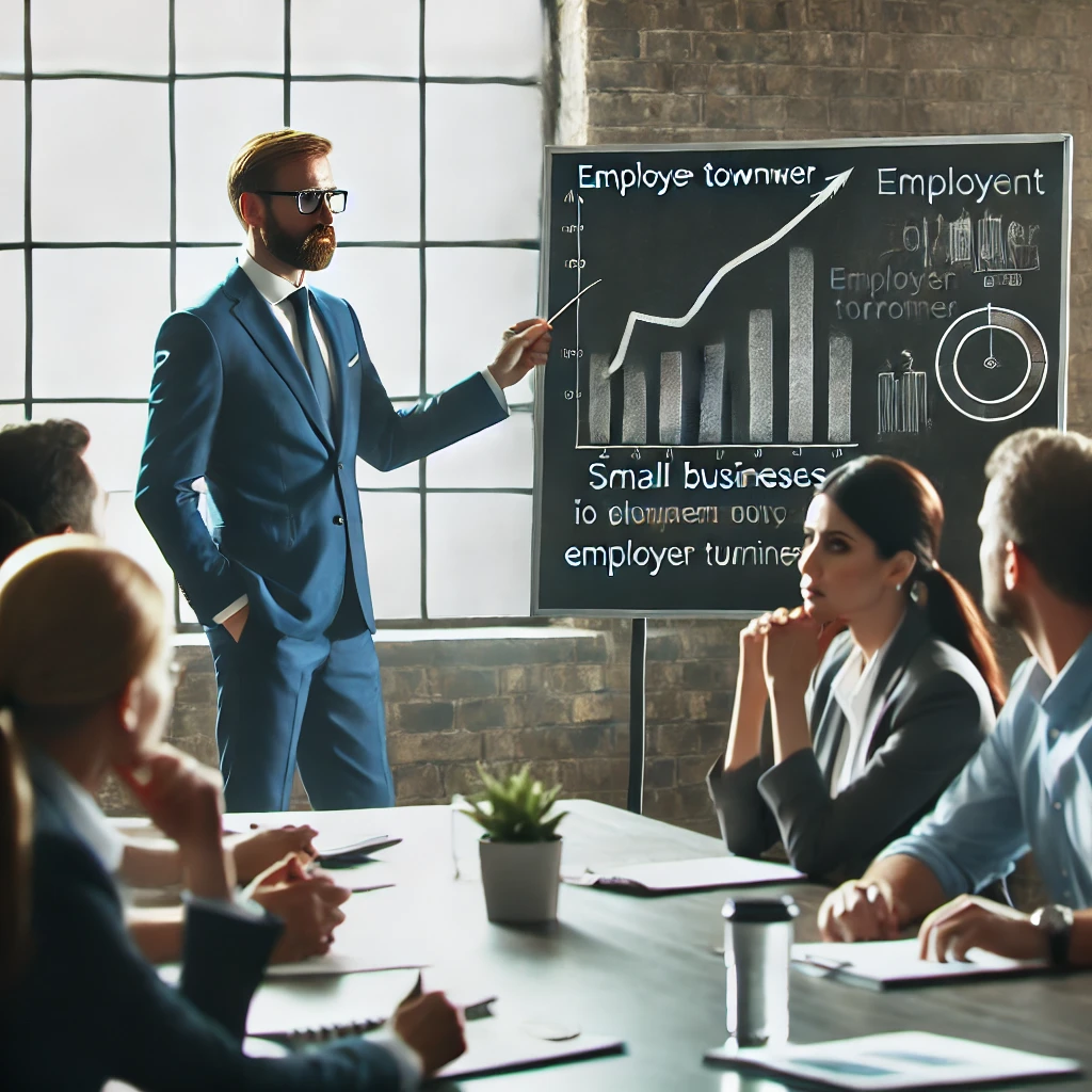 中小企業の経営者たちが、雇用の流動化や退職者増加について深刻に話し合っている様子