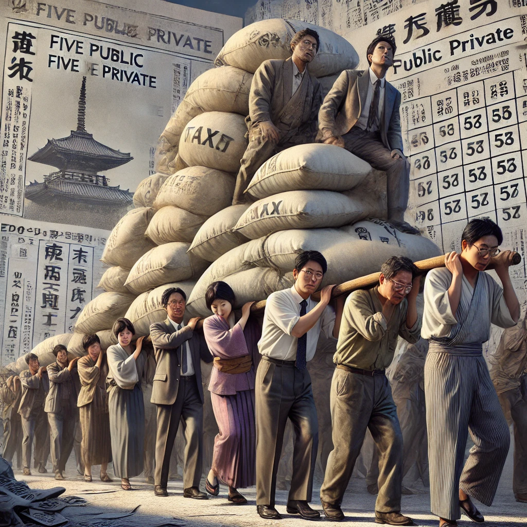 現代の日本国民が重税に苦しむ様子を描き、江戸時代の「五公五民」との対比