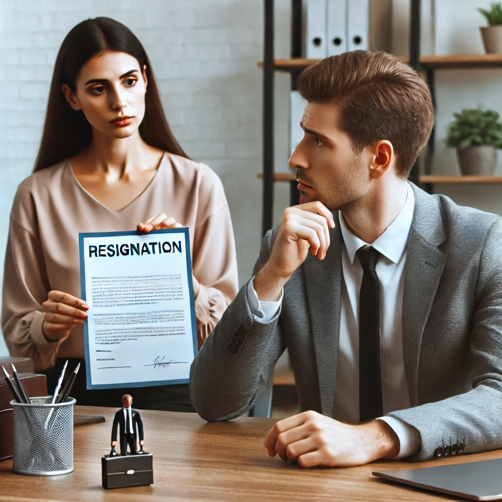 退職を考えるオフィスワーカーとサポートする専門家の様子