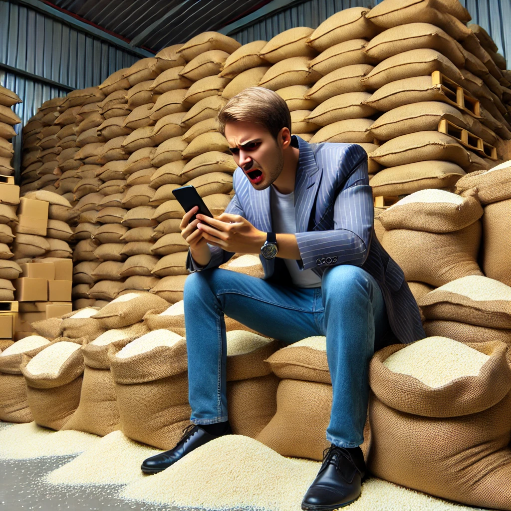 大量の売れ残った米袋の前で、スマホを見ながら苛立つ外国人転売ヤーの様子