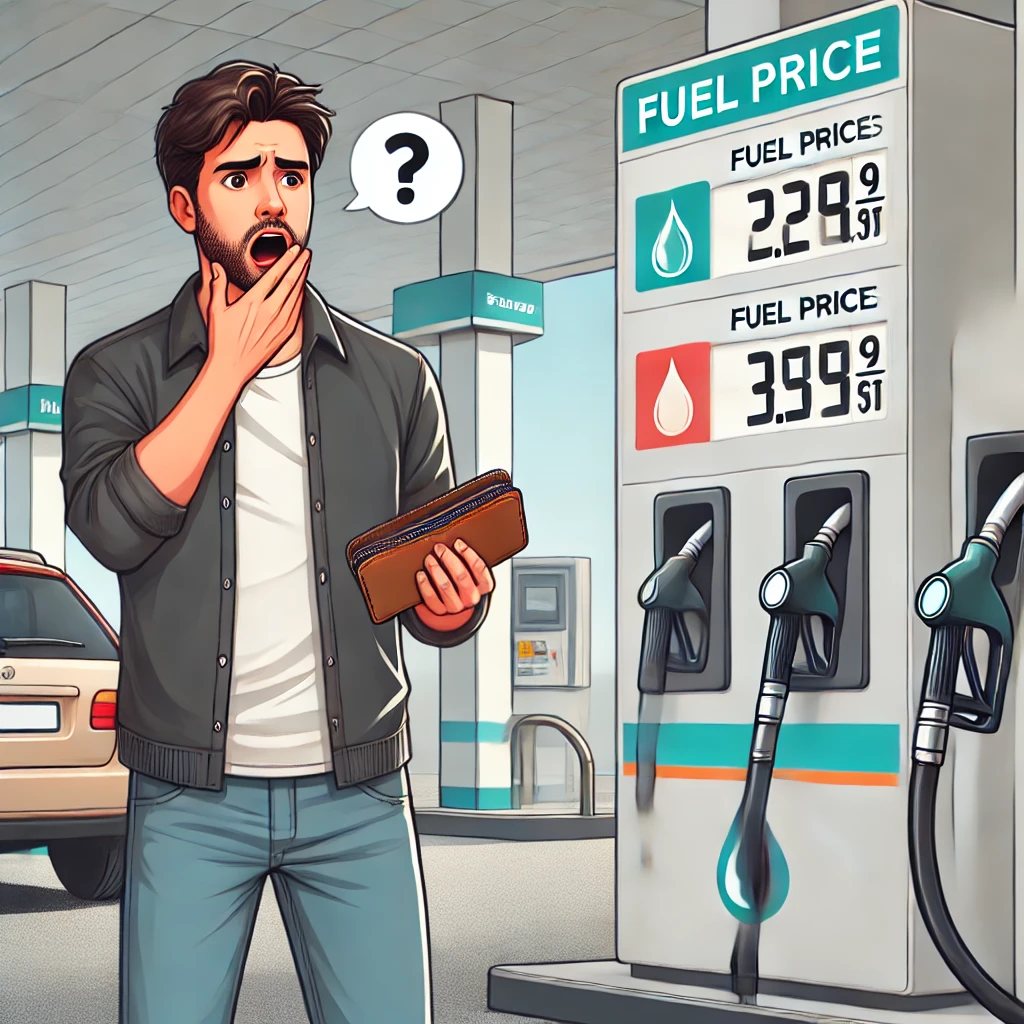 ガソリンスタンドで高騰した価格を見て困惑するドライバーの様子