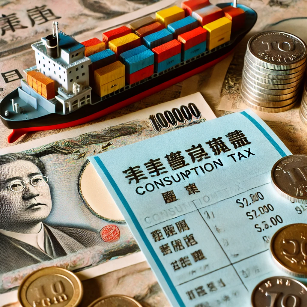 消費税の問題を象徴するショッピングレシート、日本円、そして日本の輸出産業を示す貨物船を組み合わせたイメージ