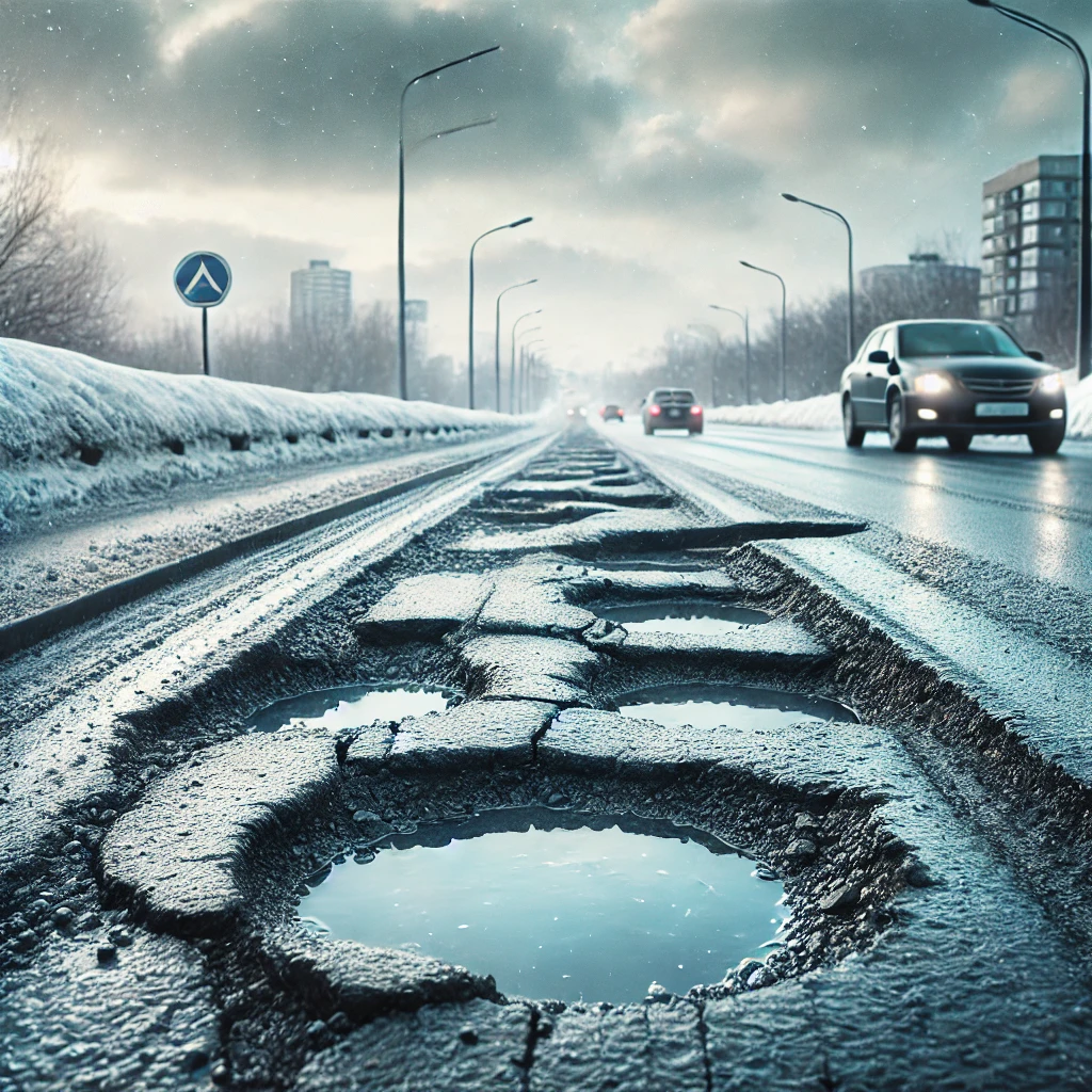 春先の道路の穴が多発する様子